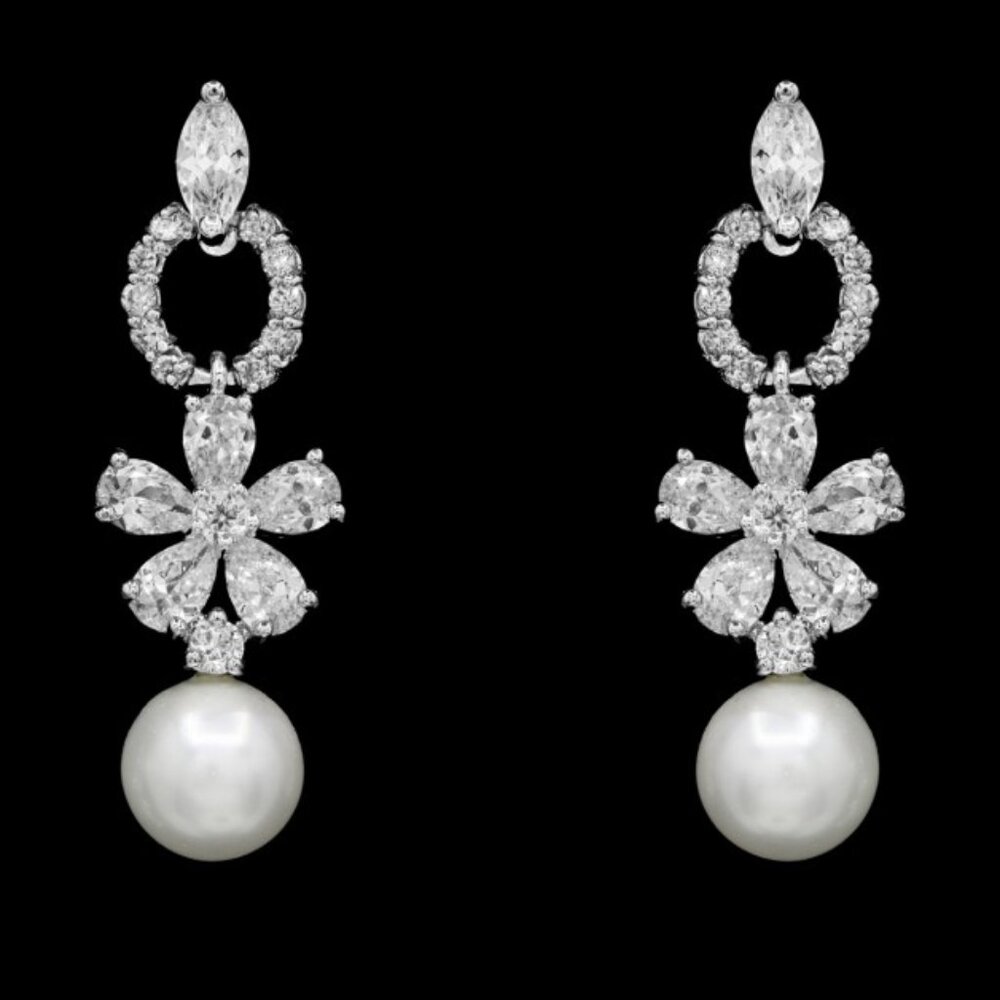 Cubic Zirconia Flower and Pearl Drop Earrings
